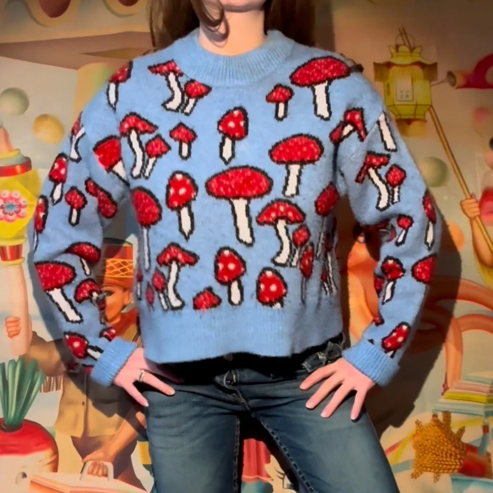 ZARA red and blue mushroom sweater - Picture 5 of 6